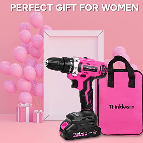 Pink Cordless Drill Set, 20V Lithium-ion Power Drill Set for Women with 67Pcs Drill Driver Bits, 3/8"Keyless Chuck, 25+1 Position Electric Drill, 2.0Ah Battery, Fast Charger and Storage Bag Included