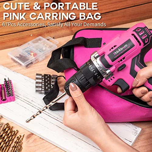 Pink Cordless Drill Set, 20V Lithium-ion Power Drill Set for Women with 67Pcs Drill Driver Bits, 3/8"Keyless Chuck, 25+1 Position Electric Drill, 2.0Ah Battery, Fast Charger and Storage Bag Included