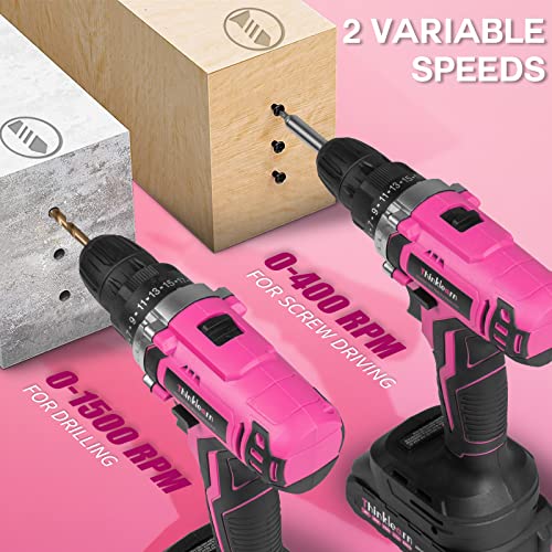 Pink Cordless Drill Set, 20V Lithium-ion Power Drill Set for Women with 67Pcs Drill Driver Bits, 3/8"Keyless Chuck, 25+1 Position Electric Drill, 2.0Ah Battery, Fast Charger and Storage Bag Included