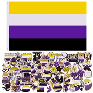 queen king 3x5 ft non binary pride flag and 60 pcs nonbinary pride stickers lgbtqia non-binary nb gender rainbow banner large lgbt nb flag gender identity flag polyester with brass grommets