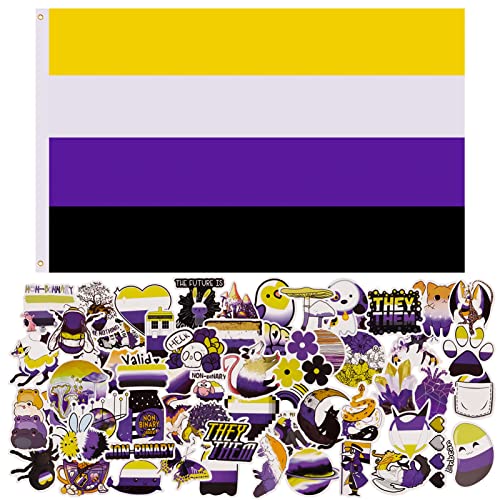 QUEEN KING 3x5 FT Non Binary Pride Flag and 60 Pcs Nonbinary Pride Stickers LGBTQIA Non-Binary NB Gender Rainbow Banner Large LGBT NB Flag Gender Identity Flag Polyester with Brass Grommets