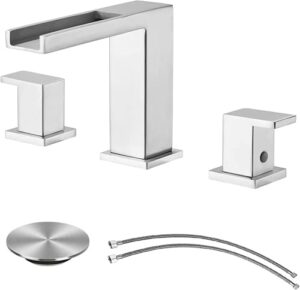 ufaucet modern bathroom faucet widespread 3 hole waterfall brushed nickel bathroom faucet,8 inch stainless steel two handle bathroom vanity sink faucet with supply lines and drain