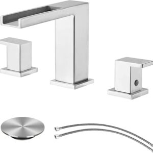 UFaucet Modern Bathroom Faucet Widespread 3 Hole Waterfall Brushed Nickel Bathroom Faucet,8 inch Stainless Steel Two Handle Bathroom Vanity Sink Faucet with Supply Lines and Drain