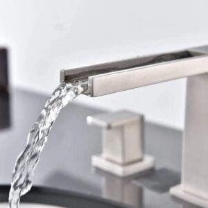 UFaucet Modern Bathroom Faucet Widespread 3 Hole Waterfall Brushed Nickel Bathroom Faucet,8 inch Stainless Steel Two Handle Bathroom Vanity Sink Faucet with Supply Lines and Drain