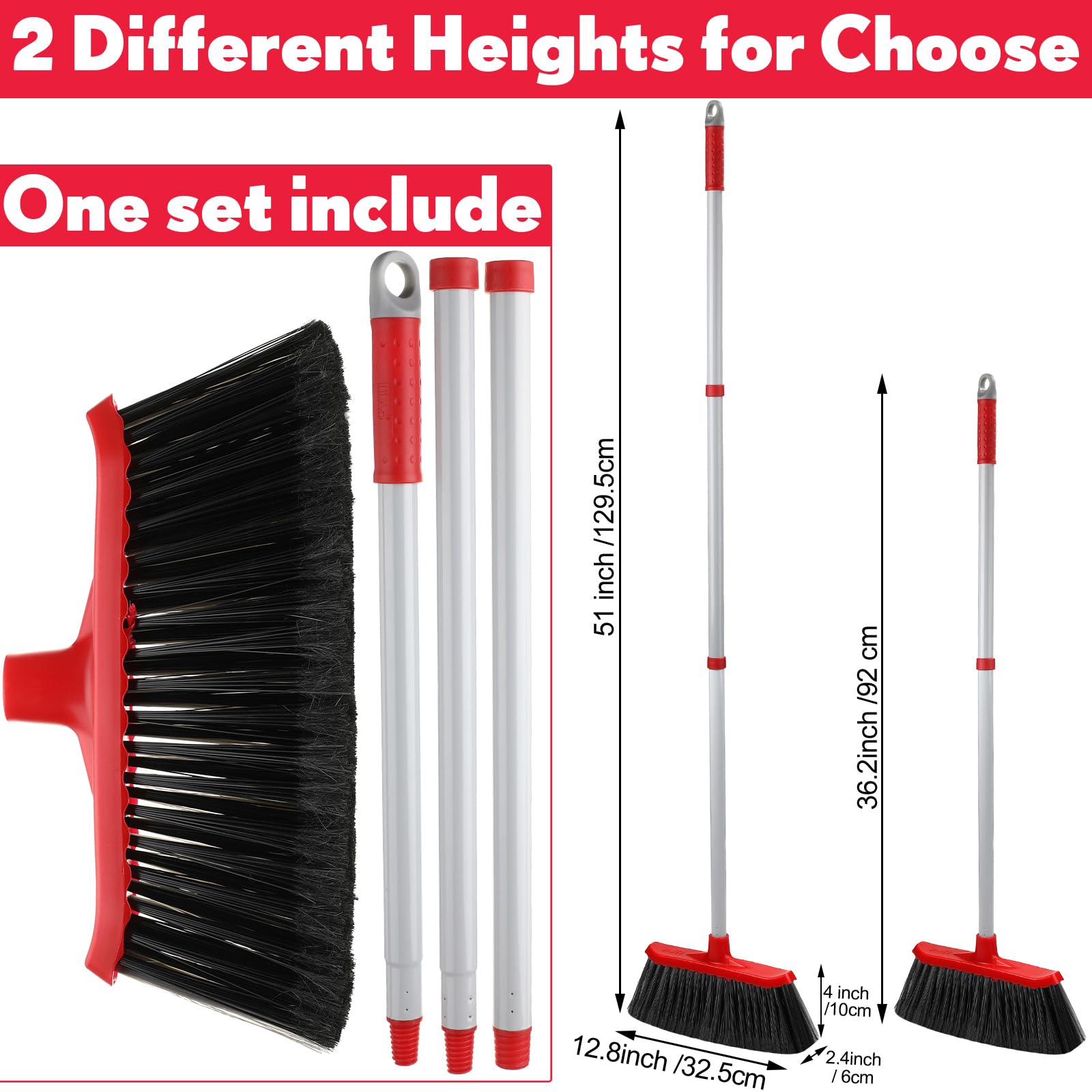 4 Pack Heavy Duty Broom Outdoor Broom Indoor Commercial Broom Stiff Bristles Broom Push Broom Angle Broom with 51 Inch Broomstick for Easy Sweeping for Home Kitchen Room Office Lobby Floor