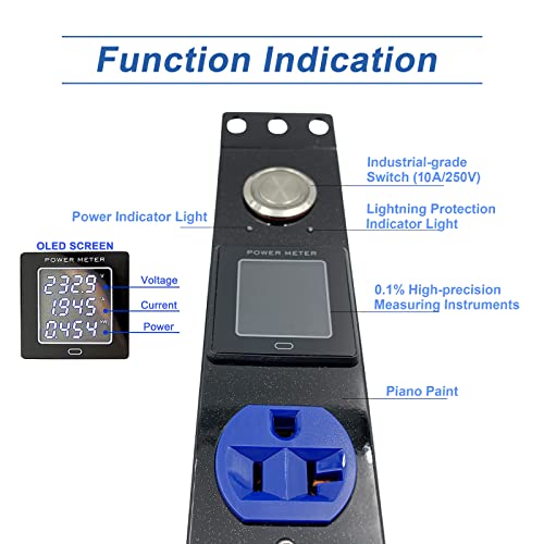 Rack Mount Power Strips 19'' 1U Switched PDU Surge Protection Metered PDU 100-250V/20A with Monitoring OLED Screen Display Current Voltage and Power 8 Outlet with 6ft Heavy Duty Extension Cord - Blue