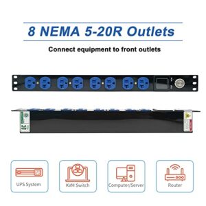 Rack Mount Power Strips 19'' 1U Switched PDU Surge Protection Metered PDU 100-250V/20A with Monitoring OLED Screen Display Current Voltage and Power 8 Outlet with 6ft Heavy Duty Extension Cord - Blue