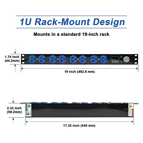 Rack Mount Power Strips 19'' 1U Switched PDU Surge Protection Metered PDU 100-250V/20A with Monitoring OLED Screen Display Current Voltage and Power 8 Outlet with 6ft Heavy Duty Extension Cord - Blue