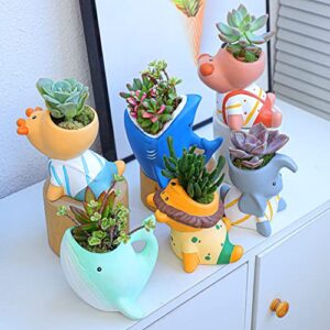 Succulent Pots - Small Succulent Planters Pots with Drainage Set of 6, Cute Cartoon Animal Planter Pots Ceramic Pots for Indoor Cactus Plants Tiny Flower Bonsai Planter Container for Home Garden