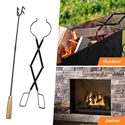 Fire Pit Poker and Log Grabber Fireplace Tongs Outdoor Fire Pit Tool Kits, Firepit Tools Set for Outside Campfire, Camping, Wood Stove, Black Steel