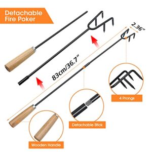 Fire Pit Poker and Log Grabber Fireplace Tongs Outdoor Fire Pit Tool Kits, Firepit Tools Set for Outside Campfire, Camping, Wood Stove, Black Steel