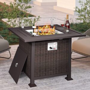 vonzoy 32 inch outdoor gas fire pit table, 50,000 btu wicker propane firepit w/glass tabletop, glass wind guard, clear glass rocks and cover