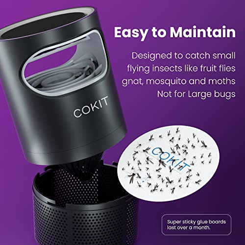 COKIT Indoor Insect Trap, Catch Insect with Suction, Bug Light and Sticky Glue, Catcher & Killer for Mosquito, Gnat, Moth, Fruit Flies, Non-Zapper Traps for Home with Adapter, Glossy Black