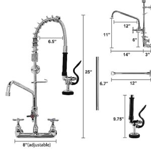 NETISR Commercial Faucet with Sprayer, Brass Chrome Wall Mount Kitchen Sink Faucet 25" Height 8" Center with Coilded Spring Pull Down Pre Rinse Sprayer, 12" Spout and 18" Hose (25 inches)