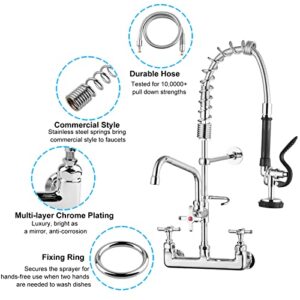 NETISR Commercial Faucet with Sprayer, Brass Chrome Wall Mount Kitchen Sink Faucet 25" Height 8" Center with Coilded Spring Pull Down Pre Rinse Sprayer, 12" Spout and 18" Hose (25 inches)