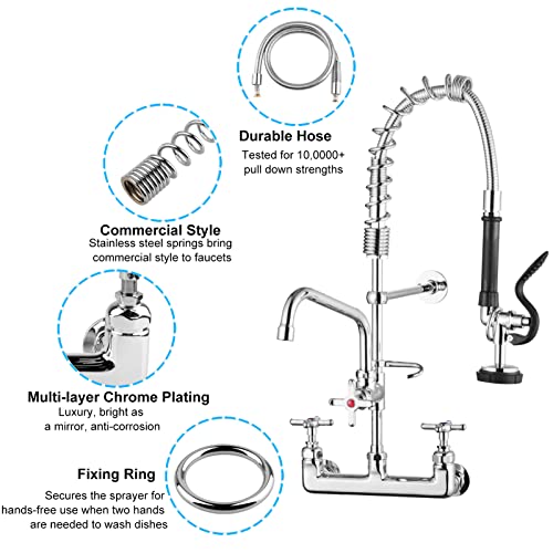 NETISR Commercial Faucet with Sprayer, Brass Chrome Wall Mount Kitchen Sink Faucet 25" Height 8" Center with Coilded Spring Pull Down Pre Rinse Sprayer, 12" Spout and 18" Hose (25 inches)