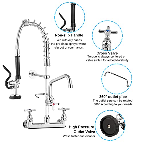 NETISR Commercial Faucet with Sprayer, Brass Chrome Wall Mount Kitchen Sink Faucet 25" Height 8" Center with Coilded Spring Pull Down Pre Rinse Sprayer, 12" Spout and 18" Hose (25 inches)