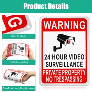 8 Pack Private Property No Trespassing Sign 24 Hour Video Surveillance Sign Reflective Aluminum Security Camera Sign Trespassers Will Be Shot Sign Warning Signs for Home Safety, 7 x 10'' (Video Sign)