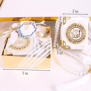 Pack of 6 Personalized Mini Quran Prayer Beads Islamic Party Favors, Decorated Velvet Mini Quran & Pearl Prayer Beads Islamic Muslim Gift Set for Special Occasions