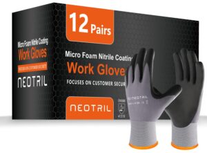 neotril safety work gloves microfoam nitrile coated-12 pairs, seamless knit nylon bulk pack working gloves with grip for men women light duty work,automotive,warehouse (gray,l)