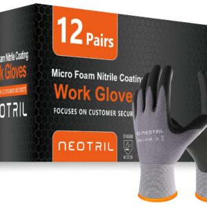 NEOTRIL Safety Work Gloves MicroFoam Nitrile Coated-12 Pairs, Seamless Knit Nylon Bulk Pack Working Gloves with Grip for Men Women Light Duty Work,Automotive,Warehouse (Gray,L)