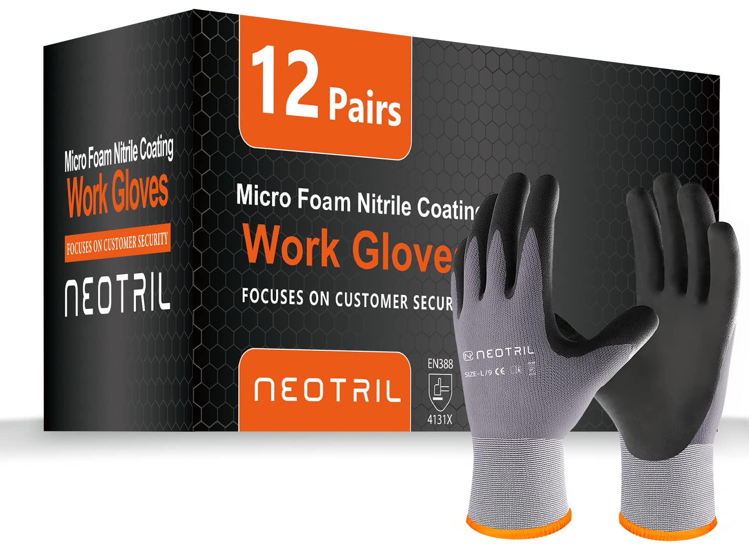 NEOTRIL Safety Work Gloves MicroFoam Nitrile Coated-12 Pairs, Seamless Knit Nylon Bulk Pack Working Gloves with Grip for Men Women Light Duty Work,Automotive,Warehouse (Gray,L)