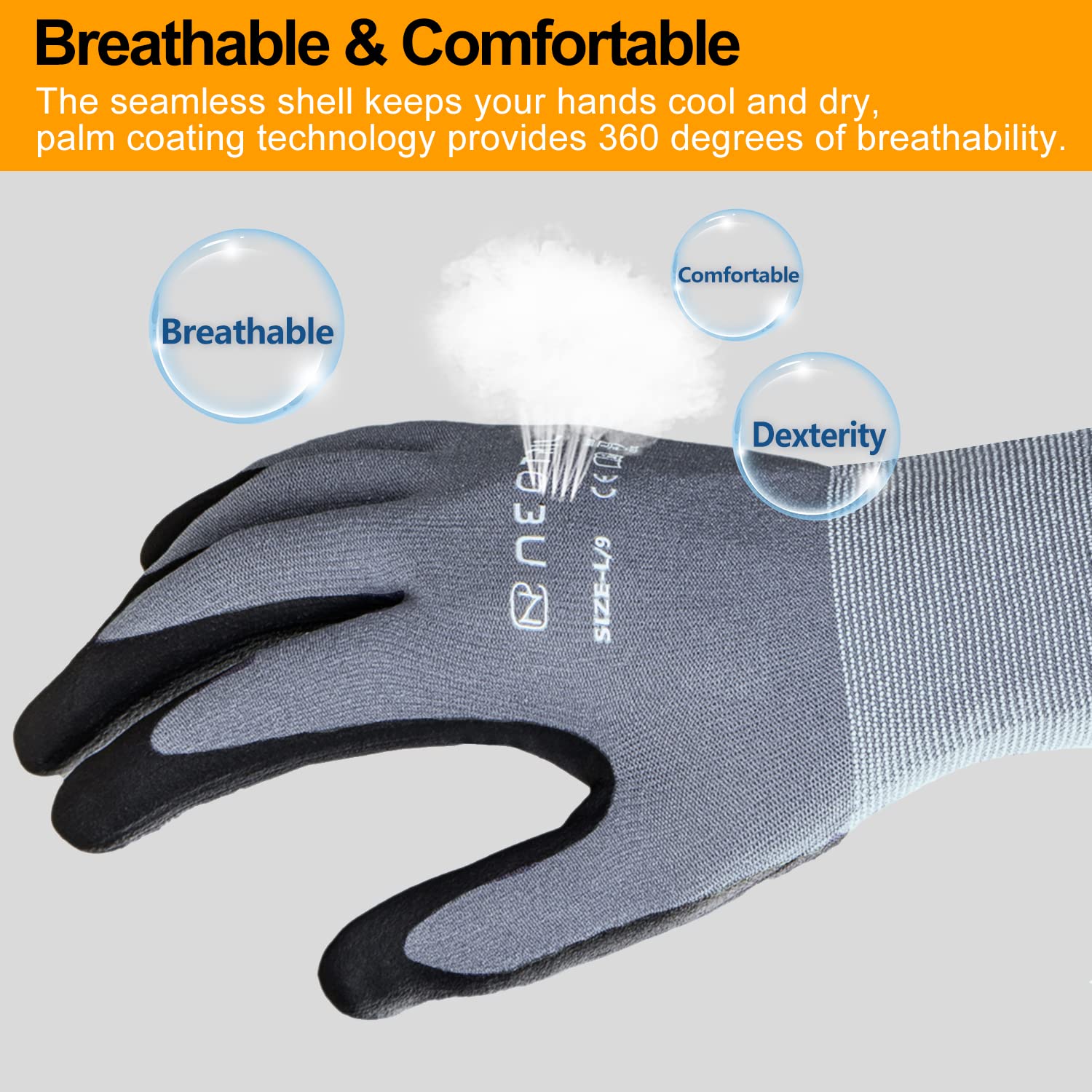 NEOTRIL Safety Work Gloves MicroFoam Nitrile Coated-12 Pairs, Seamless Knit Nylon Bulk Pack Working Gloves with Grip for Men Women Light Duty Work,Automotive,Warehouse (Gray,L)