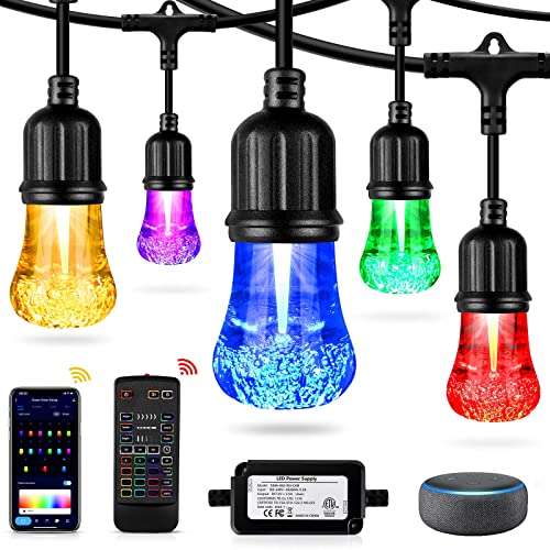 Queker Upgrade 25ft Outdoor String Lights,Smart RGB LED String Lights Work with Alexa,Waterproof Outside Patio String Lights with 12 Dimmable LED Bulbs,Color Changing Outdoor Lights with App & Remote