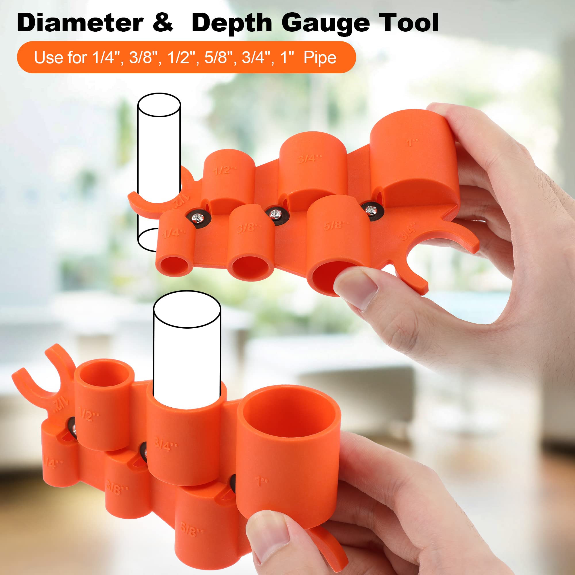 1/4'' - 1'' Depth Gauge and Pipe Deburring Tool Kit, 1/8'' to 1-5/8'' Inner Outer Reamer Pipe Tubing Chamfer Tool for PVC PPR Brass CPVC PE-RT Aluminum