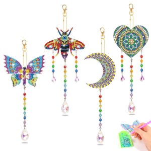 4 pcs 5d diamond painting kits, wind chime, butterfly bee love moon double sided crystal gem paint suncatcher hanging ornament