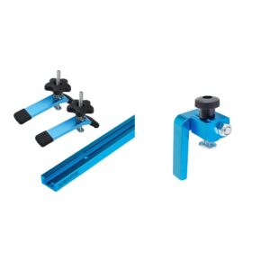 powertec 71169 48-inch universal t-track with 2 hold-down clamps, anodized blue & 71367 3-inch fence flip stop for woodworking