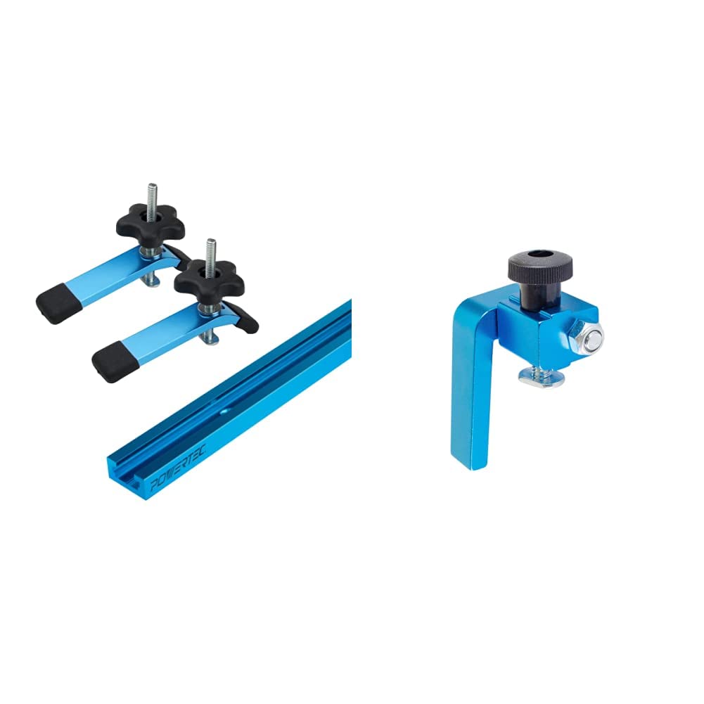 POWERTEC 71169 48-Inch Universal T-Track with 2 Hold-Down Clamps, anodized blue & 71367 3-Inch Fence Flip Stop for Woodworking