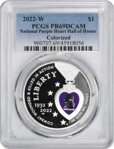 2022 w national purple heart hall of honor colorized commemorative silver dollar pcgs pr69dcam