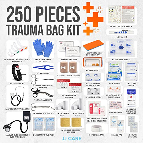 JJ CARE Trauma Bag 250PCS First Responder Kit, EMT Bag with Padded Strap, Reflective Medical Bag Fully Stocked, Multiple Pockets EMS EMT Bags Fully Stocked, First Aid Trauma Bags Fully Stocked