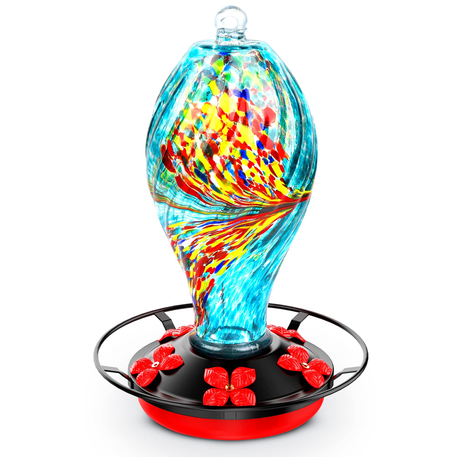 KONIZY Hummingbird Feeders for Outdoors Hanging, Hand Blown Glass Hummingbird Feeder with Attractive Spiral Pattern for Garden Decor, 30 OZ Leakproof Humming Bird Feeder with Rustproof Base