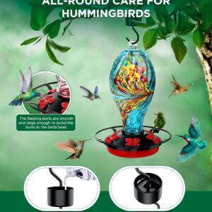 KONIZY Hummingbird Feeders for Outdoors Hanging, Hand Blown Glass Hummingbird Feeder with Attractive Spiral Pattern for Garden Decor, 30 OZ Leakproof Humming Bird Feeder with Rustproof Base