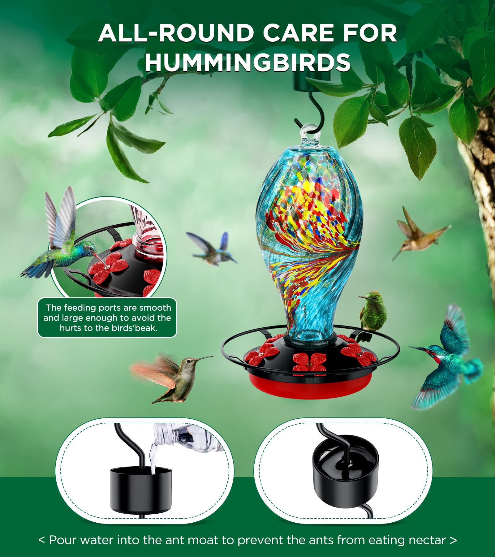 KONIZY Hummingbird Feeders for Outdoors Hanging, Hand Blown Glass Hummingbird Feeder with Attractive Spiral Pattern for Garden Decor, 30 OZ Leakproof Humming Bird Feeder with Rustproof Base