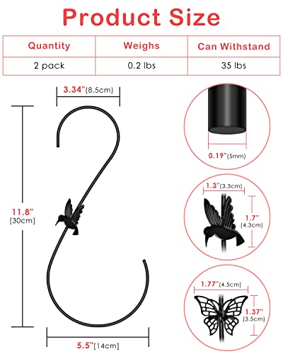 PACETAP Bird Feeders Hanger 12-Inch, 2PCS Metal Hummingbird Feeder Hook, Heavy Duty Plant Hangers Outdoor for Hanging Plants, Bird Feeder, Wind Chimes, Christmas Ornaments and More (Black)