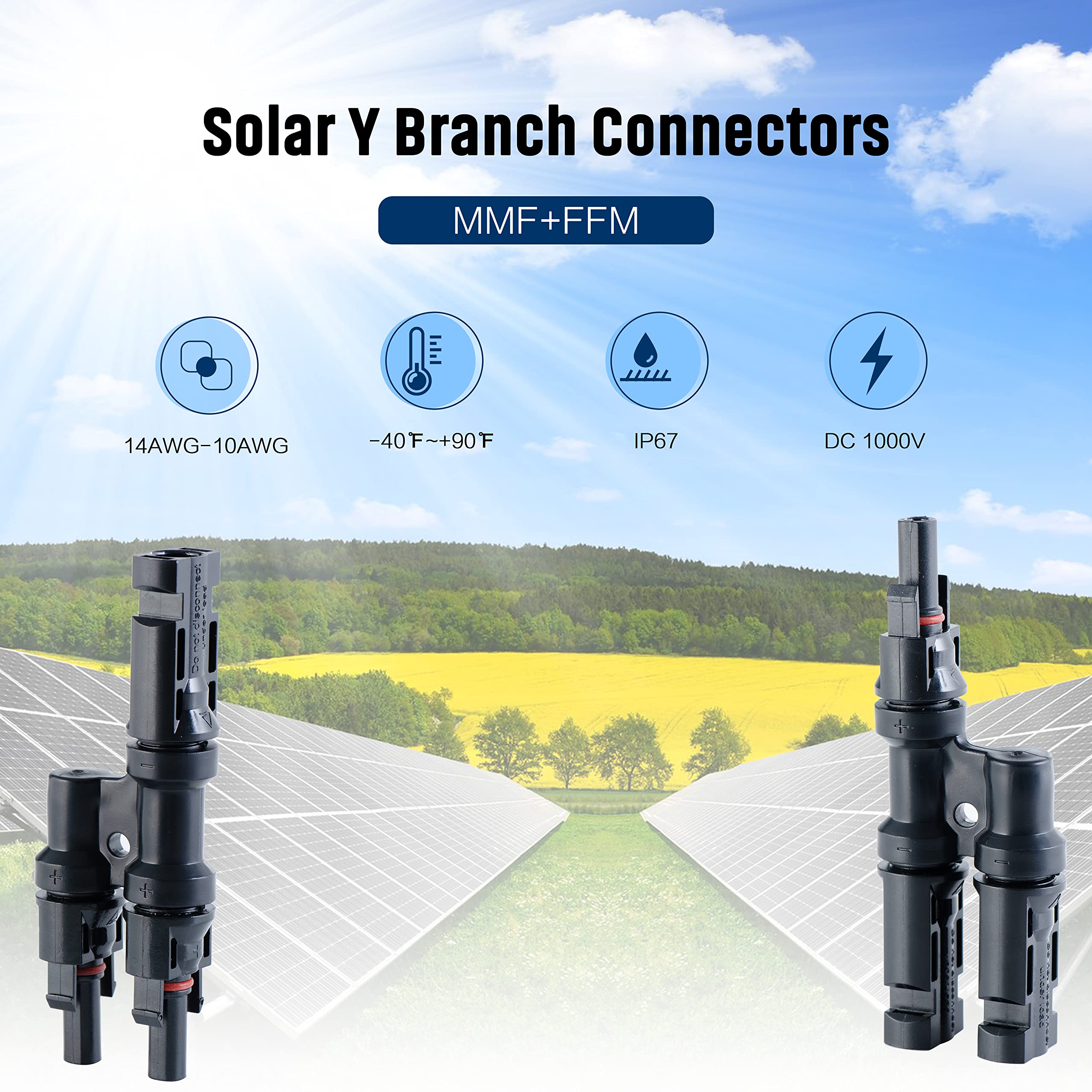 JJN Solar Branch Connectors 2 to 1 Solar Connector Waterproof Solar Y Connector for Parallel Connection Between Solar Panels FMM+MFF(1 Pair)