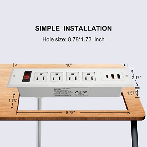 20W Mountable Power Strip USB C Recessed Power Strip USB-C Fast Charge 4 Outlet 3 USB Multiple Protection Built in Conference Desk Counter Workbench for PC Home Electric Appliance (USB C White)