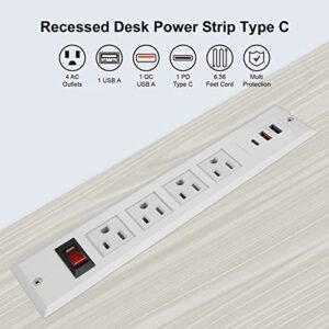 20W Mountable Power Strip USB C Recessed Power Strip USB-C Fast Charge 4 Outlet 3 USB Multiple Protection Built in Conference Desk Counter Workbench for PC Home Electric Appliance (USB C White)