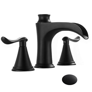 fbuke black bathroom faucet waterfall bathroom sink faucet 3 hole with pop up drain farmhouse brass mixer tap, matte black