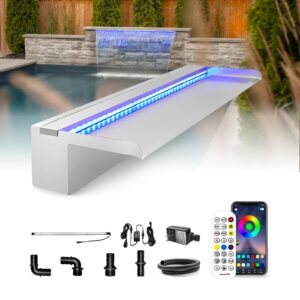 longrun stainless steel waterfall spillway, app control multi-color led light outdoor pool fountain, water spillway koi pond waterfalls fountains kit for garden patio swimming pool decoration-23.6"