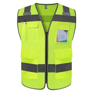 tccfcct safety vest 5 pockets high visibility reflective vest for men women, durable construction vest with horizontal strip for walkie-talkie, meets ansi/isea standards, yellow, l