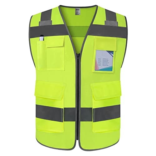 TCCFCCT Safety Vest 5 Pockets High Visibility Reflective Vest for Men Women, Durable Construction Vest with Horizontal Strip for Walkie-talkie, Meets ANSI/ISEA Standards, Yellow, L