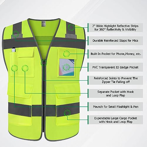 TCCFCCT Safety Vest 5 Pockets High Visibility Reflective Vest for Men Women, Durable Construction Vest with Horizontal Strip for Walkie-talkie, Meets ANSI/ISEA Standards, Yellow, L