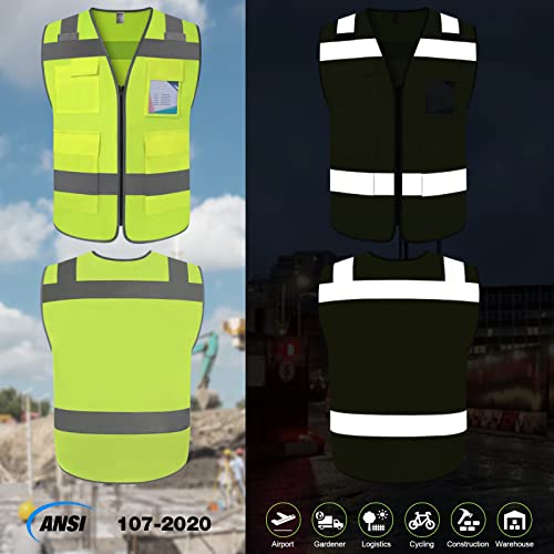 TCCFCCT Safety Vest 5 Pockets High Visibility Reflective Vest for Men Women, Durable Construction Vest with Horizontal Strip for Walkie-talkie, Meets ANSI/ISEA Standards, Yellow, L