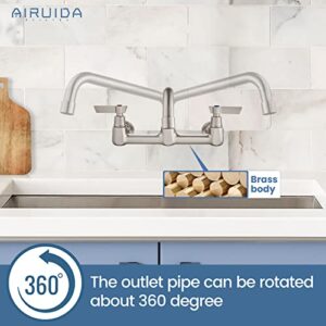 Airuida Brushed Nickel Wall Mount Commercial Kitchen Faucet Wall Mounted Kitchen Sink Faucet 8 Inches Center 8 Inches Swivel Spout Utility Sink Faucets 2 Handle Restaurant Laundry Tap