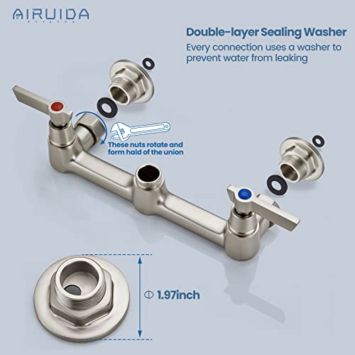 Airuida Brushed Nickel Wall Mount Commercial Kitchen Faucet Wall Mounted Kitchen Sink Faucet 8 Inches Center 8 Inches Swivel Spout Utility Sink Faucets 2 Handle Restaurant Laundry Tap