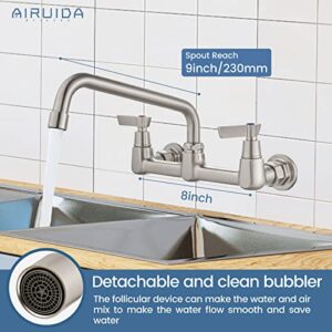 Airuida Brushed Nickel Wall Mount Commercial Kitchen Faucet Wall Mounted Kitchen Sink Faucet 8 Inches Center 8 Inches Swivel Spout Utility Sink Faucets 2 Handle Restaurant Laundry Tap